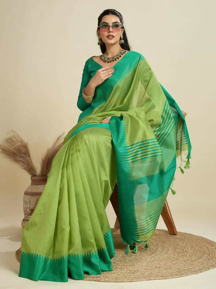Vishnu Weaves Women's Parrot Raw Silk Thread Woven Saree with Blouse - Swadesiicart