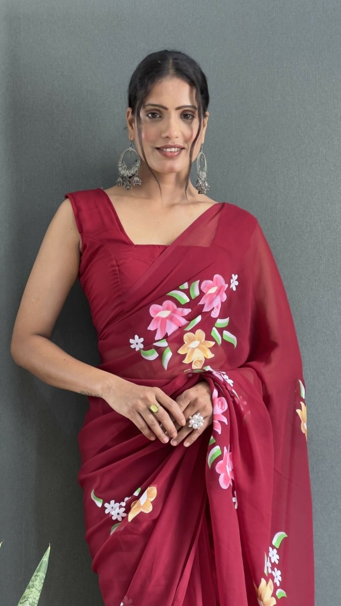 Aayaa Designer 1 min Hand Painted Ready to Wear saree - Maroon | Swadesiicart