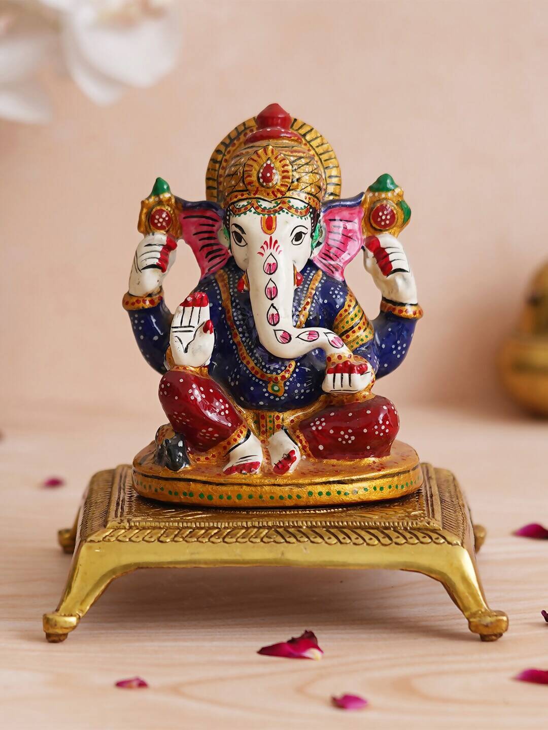 eCraftIndia Beige Lotus Flowers Engraved Pooja Chowki | Swadesiicart