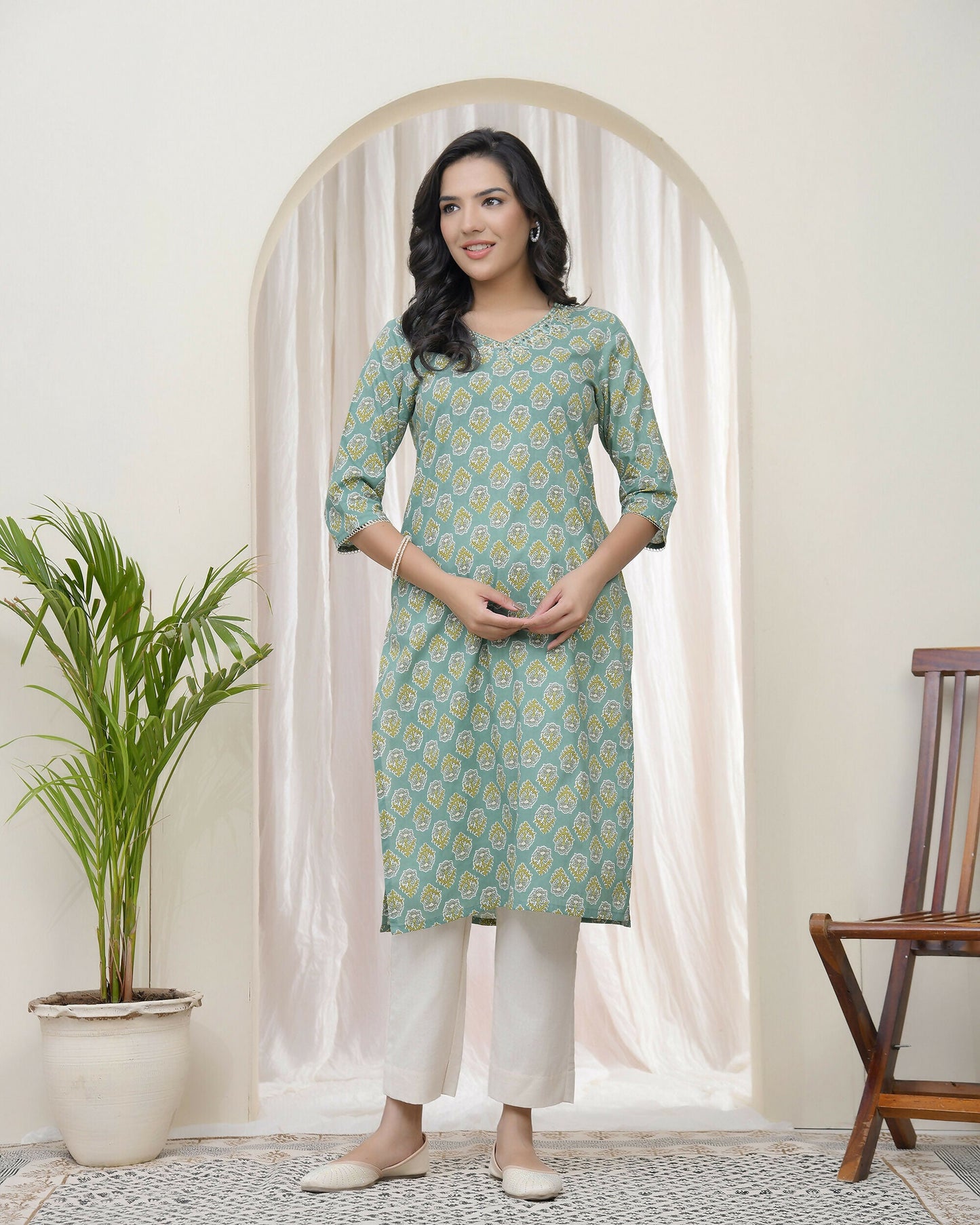 Vaasva Women Aqua Cotton Printed Straight Kurti With Pant | Swadesiicart