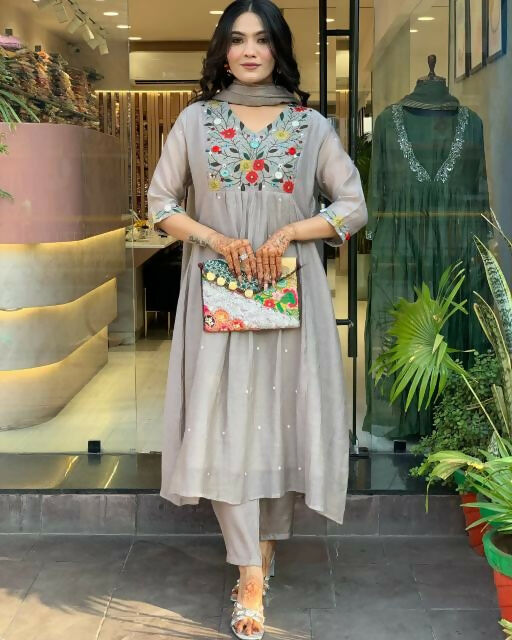 The52 Grey Women's Gorgeous Chinon Viscose Fabric Embroidered Work Straight Kurta Pant and Dupatta Set - Swadesiicart