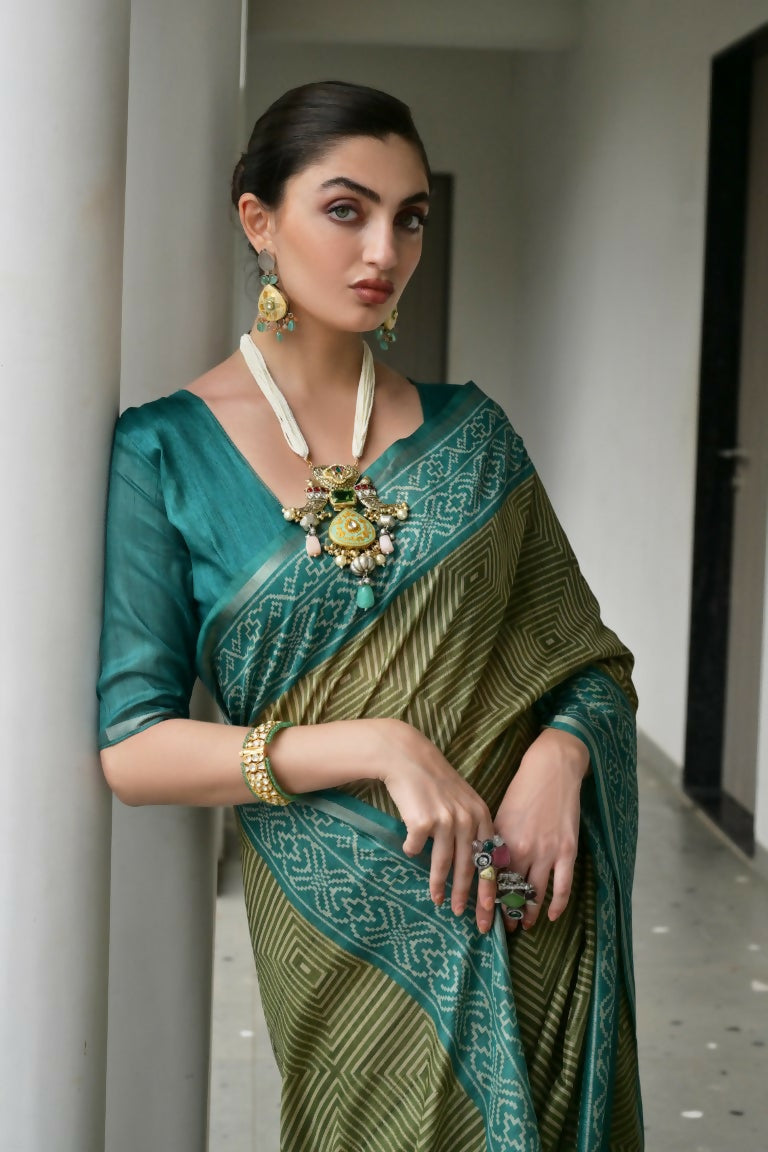 Vishnu Weaves Women's Rama Soft Tussar Silk Printed Saree with Blouse - Swadesiicart