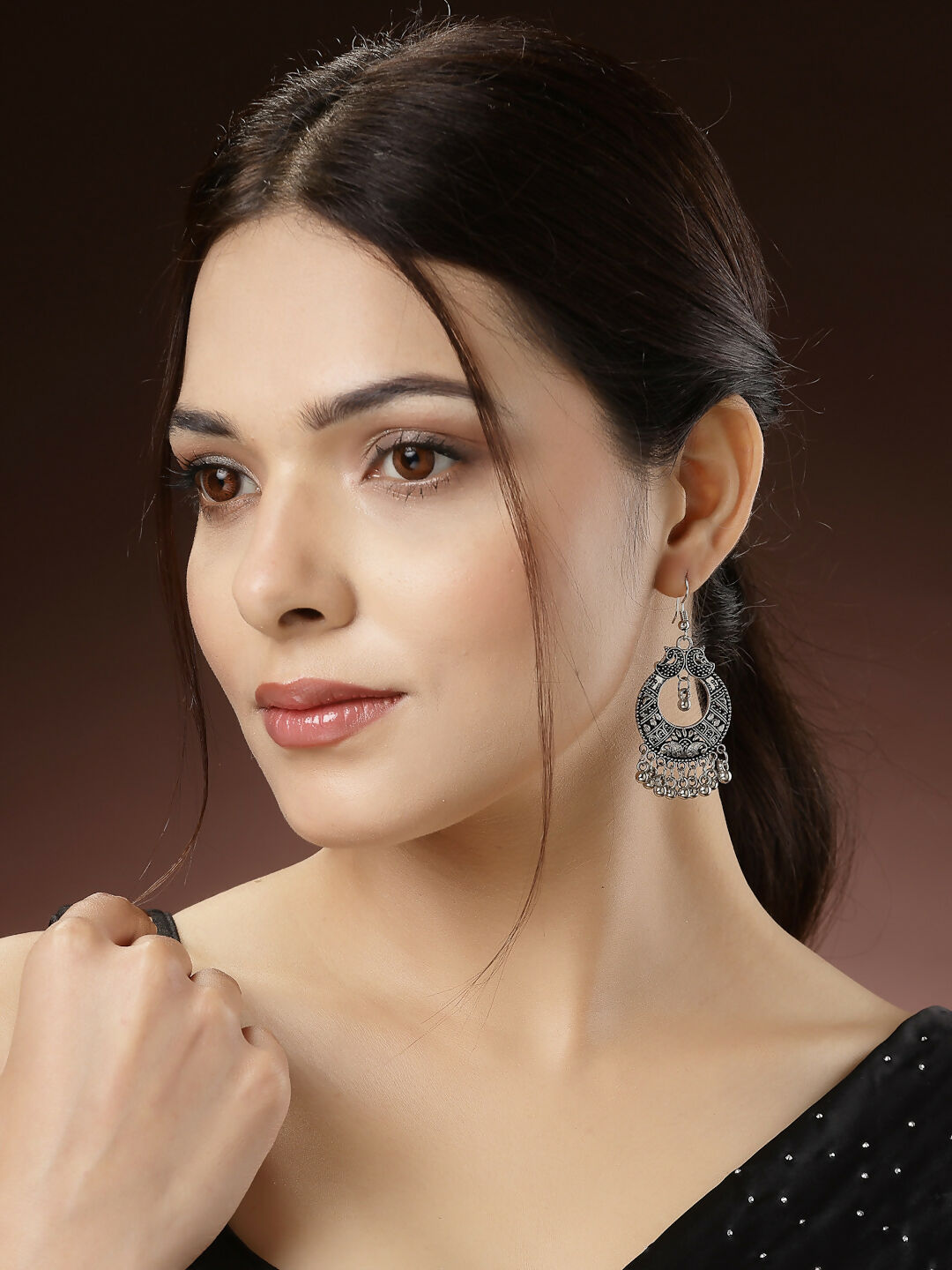 NVR Women's Silver-Plated German Silver Oxidised Chandbali Earrings - Swadesiicart