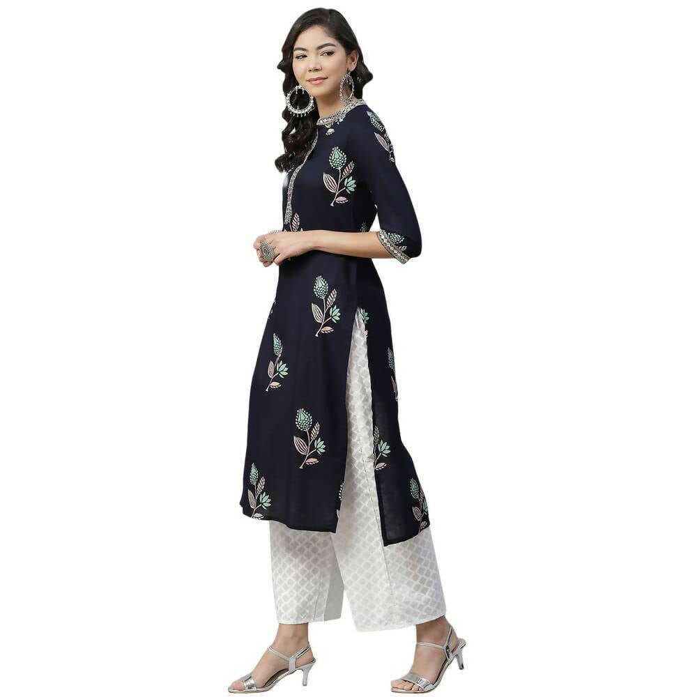 Anubhutee Women's Rayon Embroidered Navy Blue Kurta with Palazzos | Swadesiicart