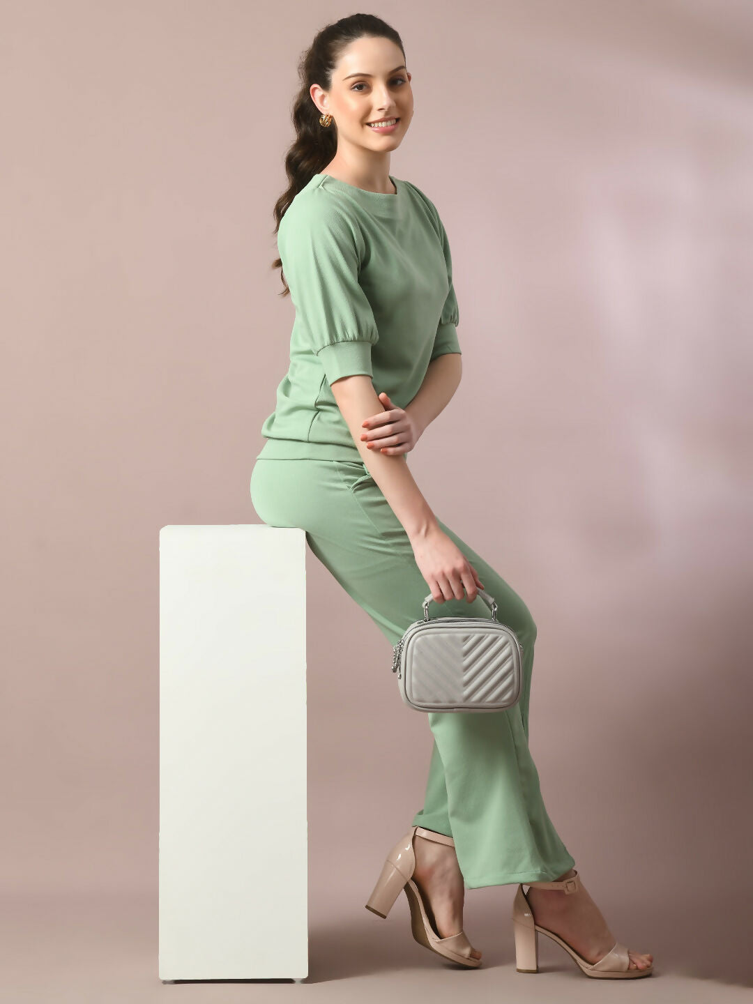 Myshka Women's Sea Green Solid Boat Neck Party Top With Trousers Co-ord set - Swadesiicart