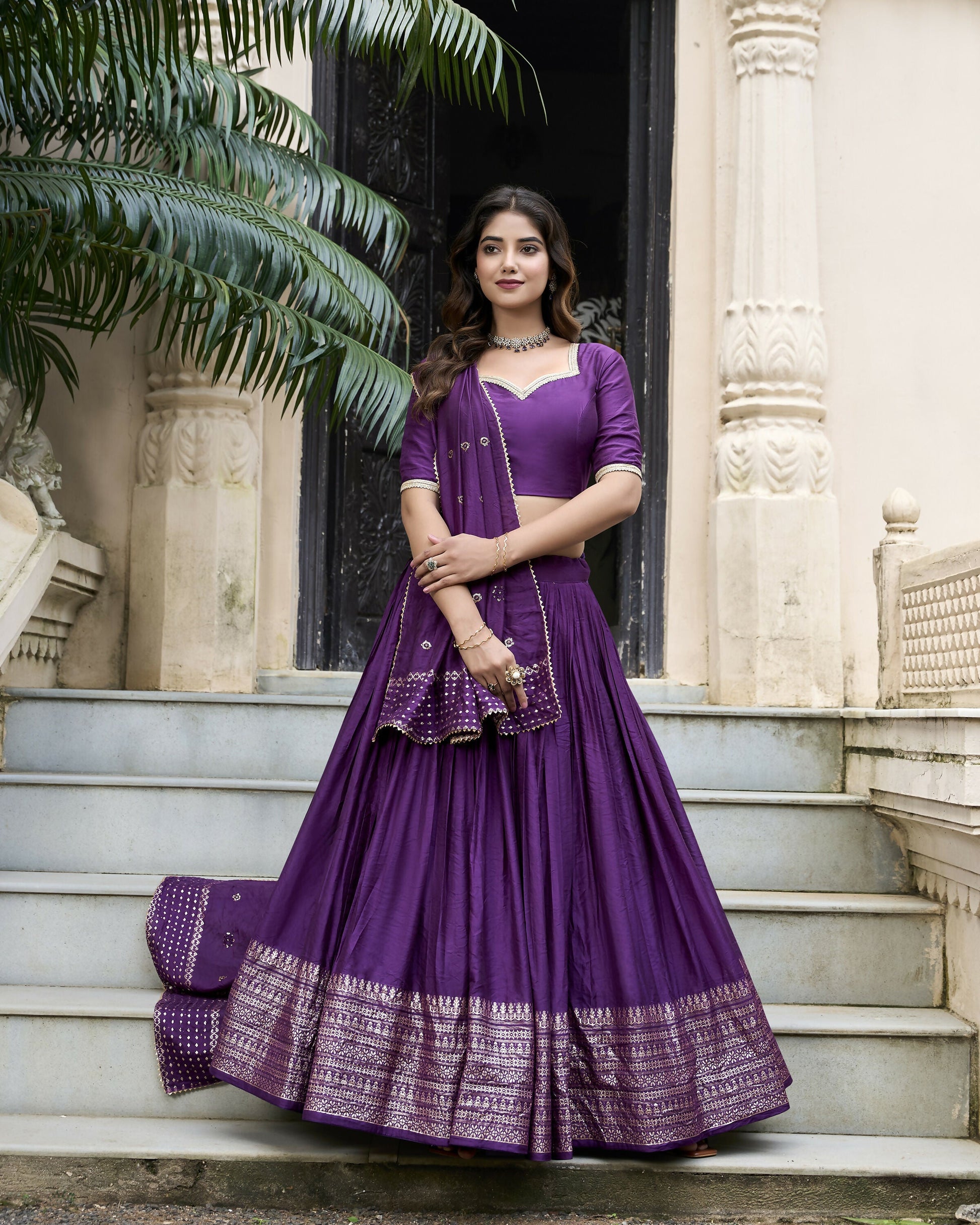 Lorenvalley Purple Pure Chanderi Plain With Zari Weaving Work Border Lehenga Choli | Swadesiicart