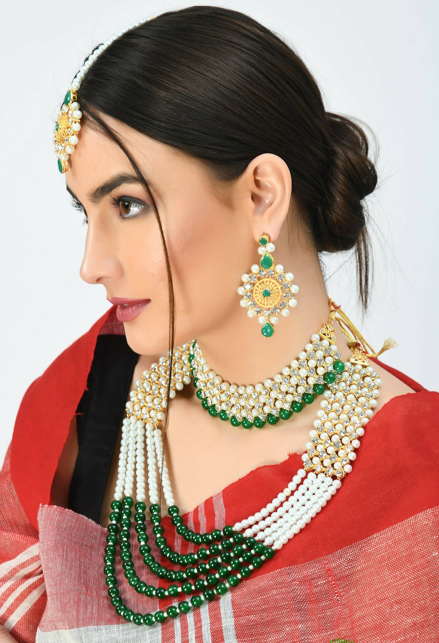 Mominos Fashion Johar Kamal Gold-Polished Rani Haar with Cream Green and Off white Pearls Jewellery Set - Swadesiicart