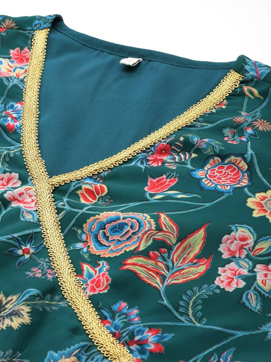 Ahalyaa Women Floral Printed Angrakha Kurta with Palazzos - Green Color | Swadesiicart