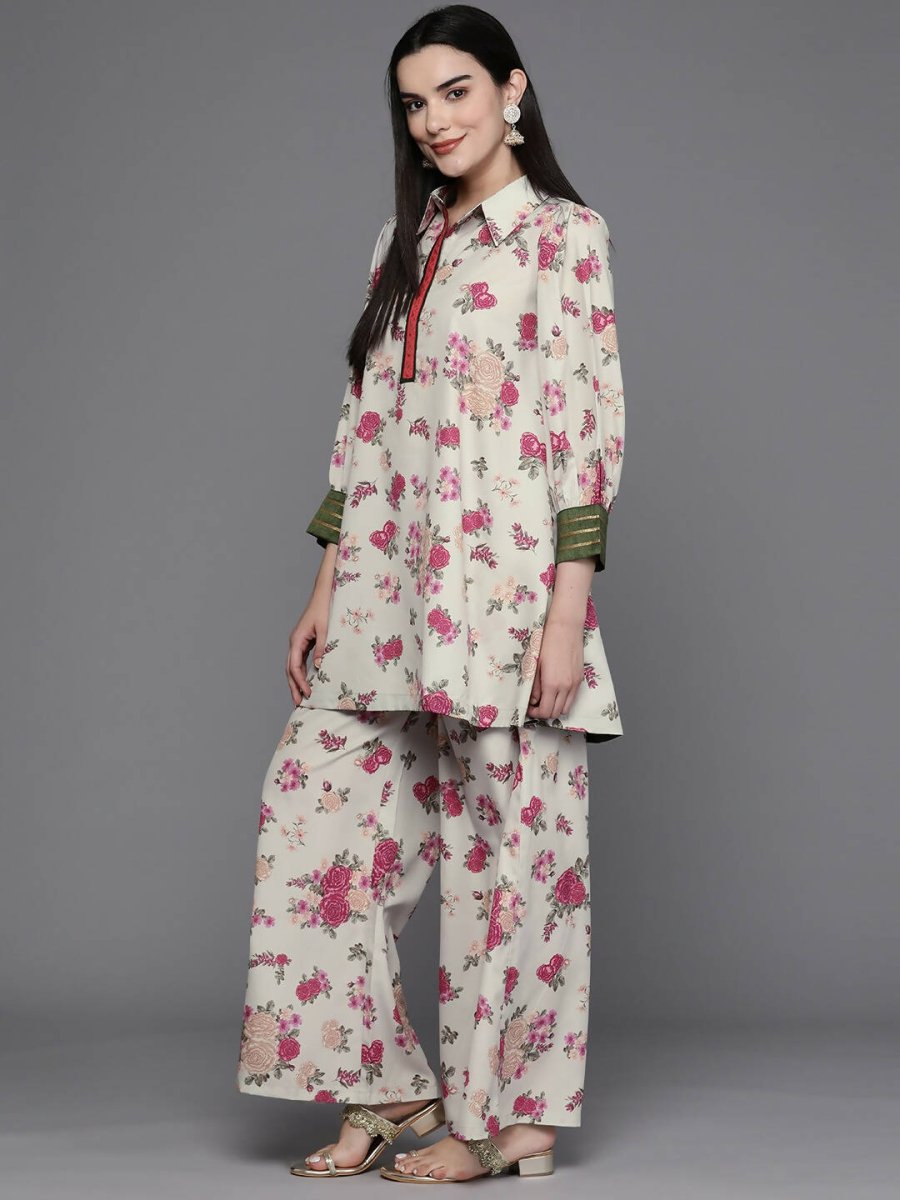 Ahalyaa Women Floral Printed Tunic with Palazzos - Beige Color | Swadesiicart