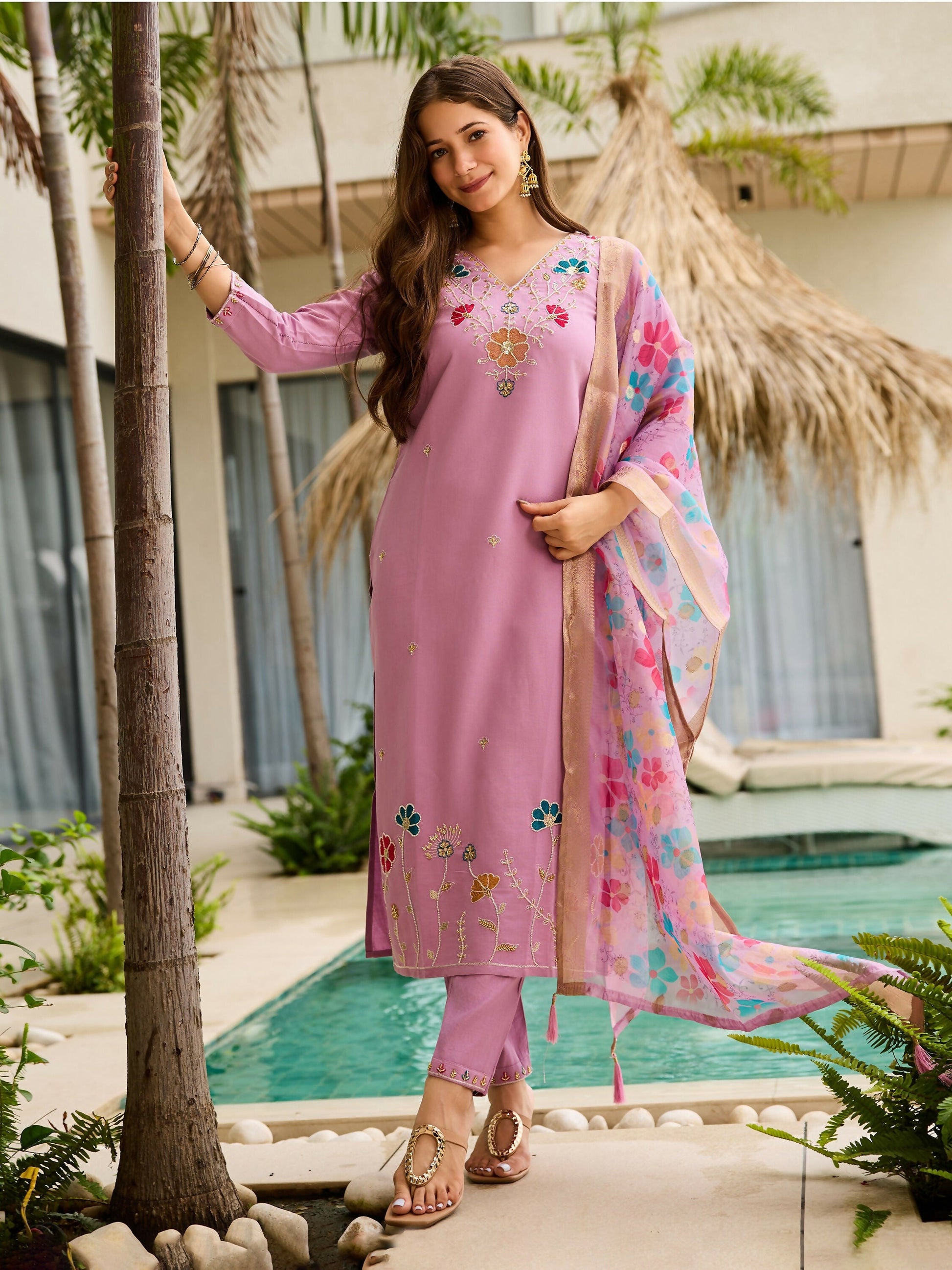 The52 Lavender Women's Gorgeous Embroidered work Viscose Gadhwal Fabric Straight Kurta, Pant and Dupatta Set - Swadesiicart