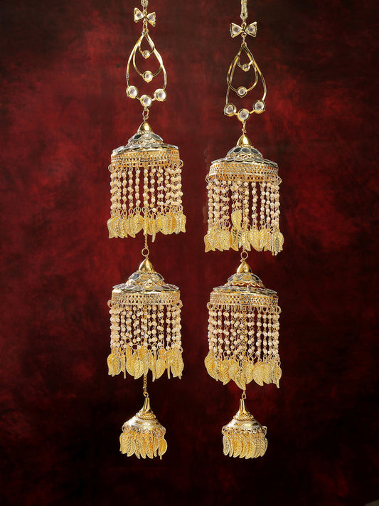 NVR Women's Pack Of 2 Gold-Polished & White Pearl Mirror Work Bridal Layered Kaleera Sets - Swadesiicart