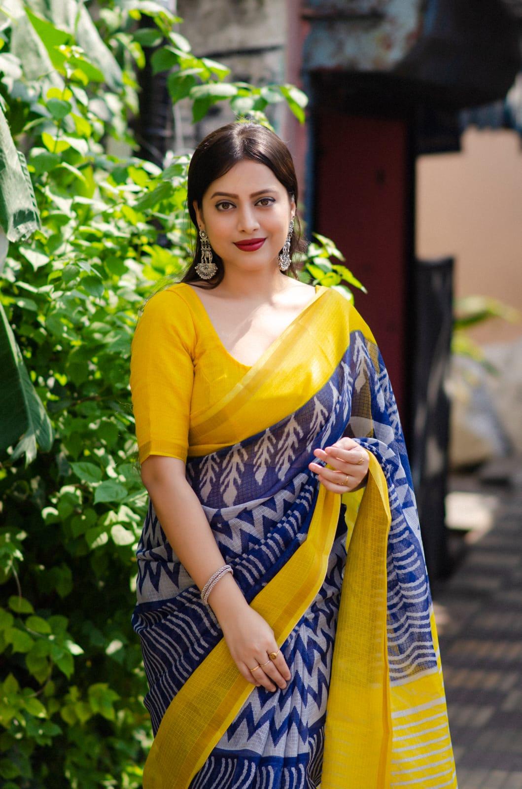 Blue Polycotton Ethnic Motifs Saree with Unstitched Blouse - Hiral Fashion | Swadesiicart
