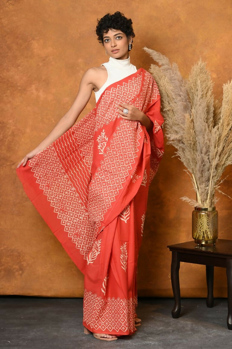 Very Much Indian Handblock Printed Cotton Saree With Natural Dyes - Orange | Swadesiicart