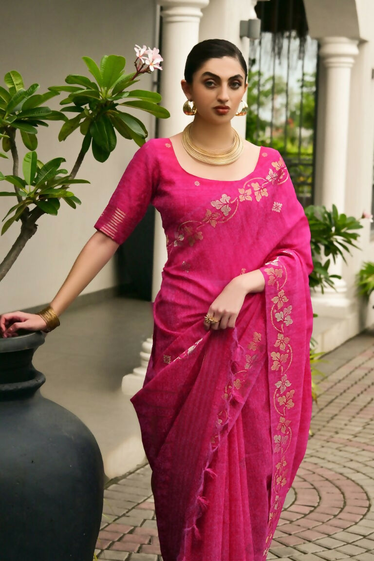 Vishnu Weaves Women's Pink Linen Silk Zari Weaving Saree with Blouse - Swadesiicart