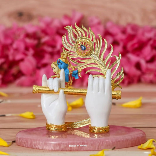 House Of Wemy Gold-Polished Lord Krishna Hands Idol with Flute, Face and Pecock Feather - Swadesiicart