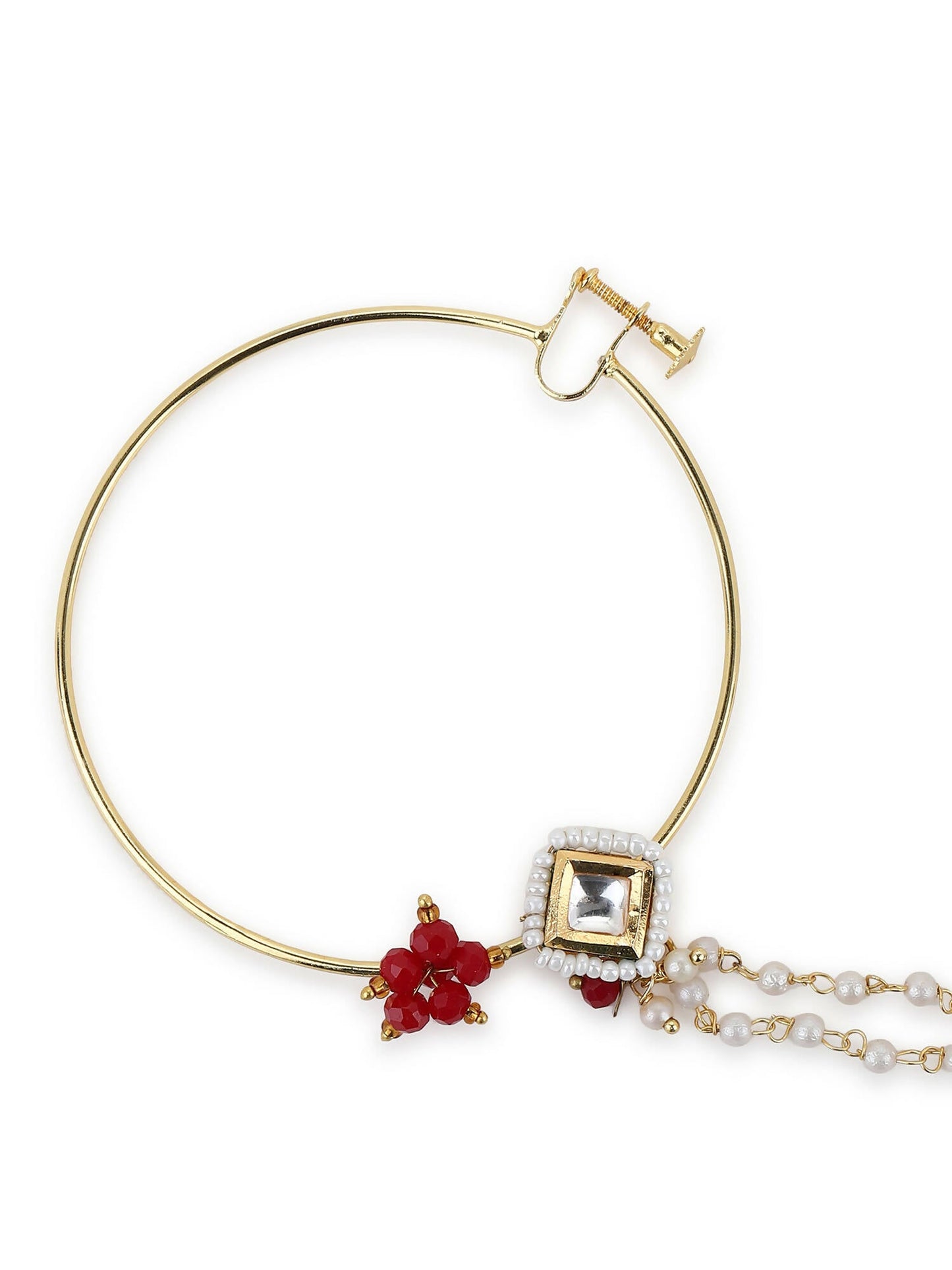 Gold-Polished White Red Kundan-Studded Pearl Beaded Nosepin - Ruby Raang | Swadesiicart