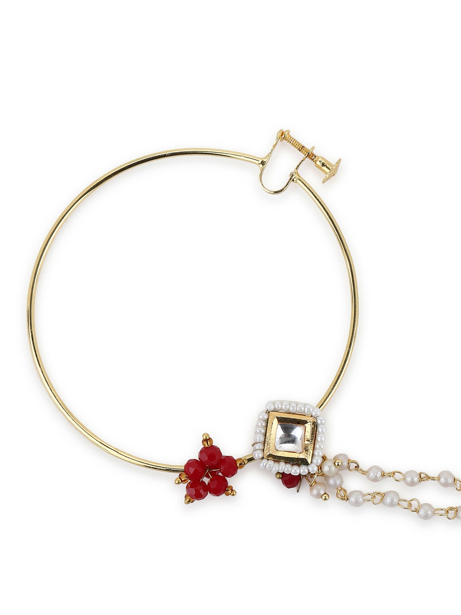 Gold-Polished White Red Kundan-Studded Pearl Beaded Nosepin - Ruby Raang | Swadesiicart