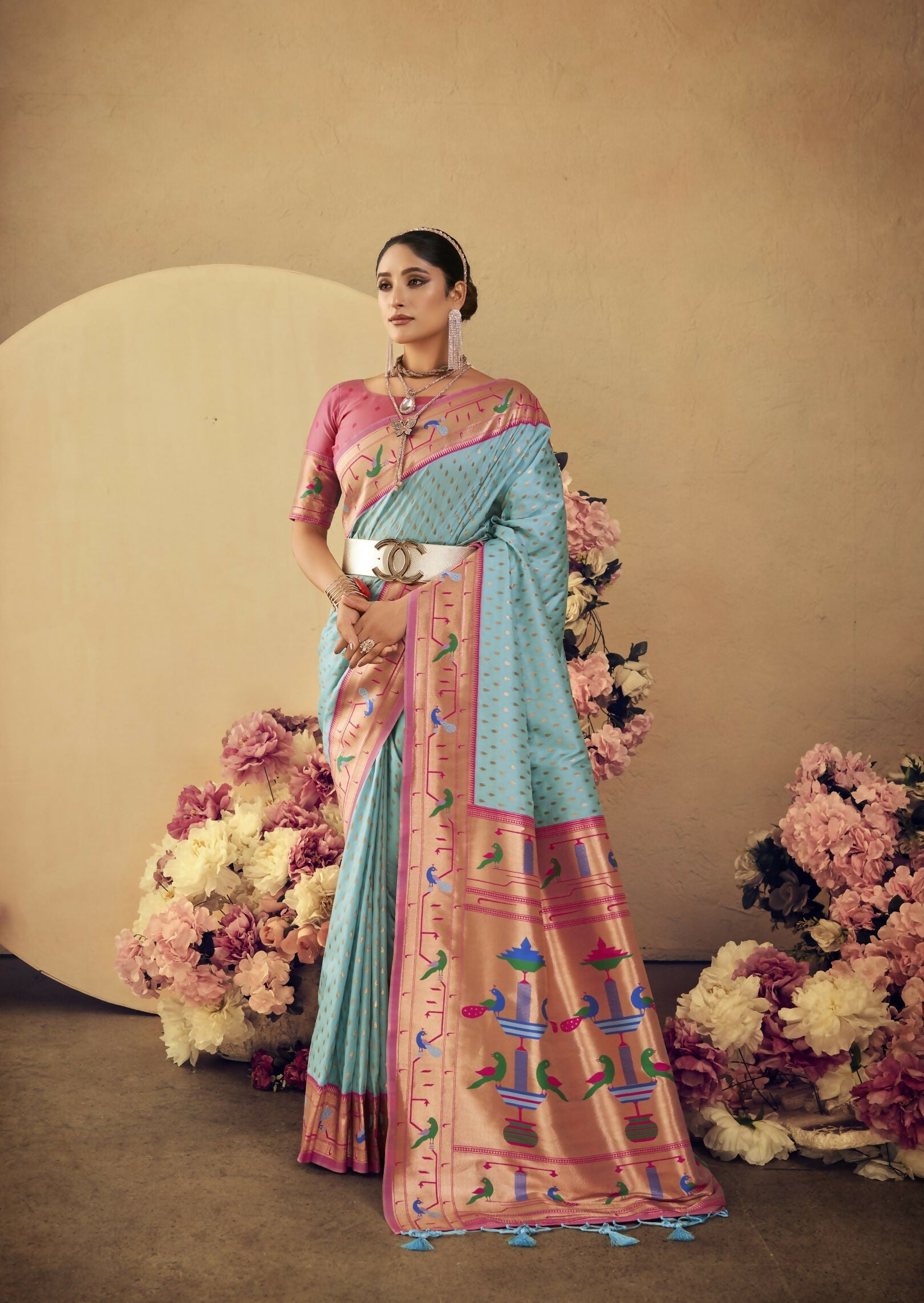 Vishnu Weaves Women's Firozi Paithani Silk Saree with Blouse - Swadesiicart