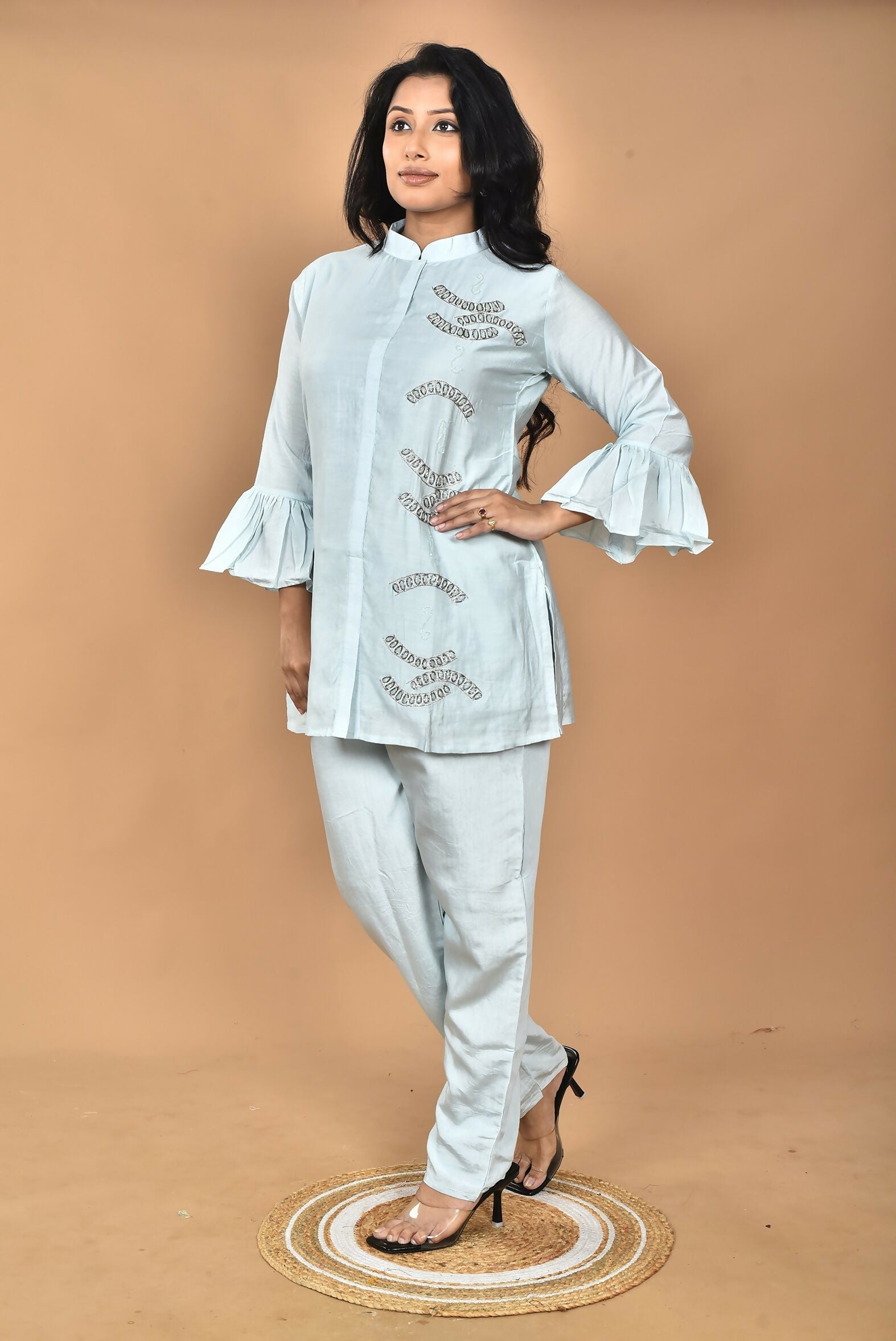 Morchari Women Hand Embroidery Co-Ords-Light Blue - Swadesiicart