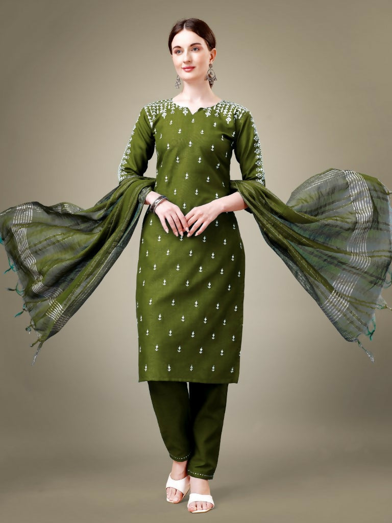 Jyoti Fashion Women's Mehendi Cotton Blend Embroidery & Sequence work Kurta with Trouser & Dupatta | Swadesiicart