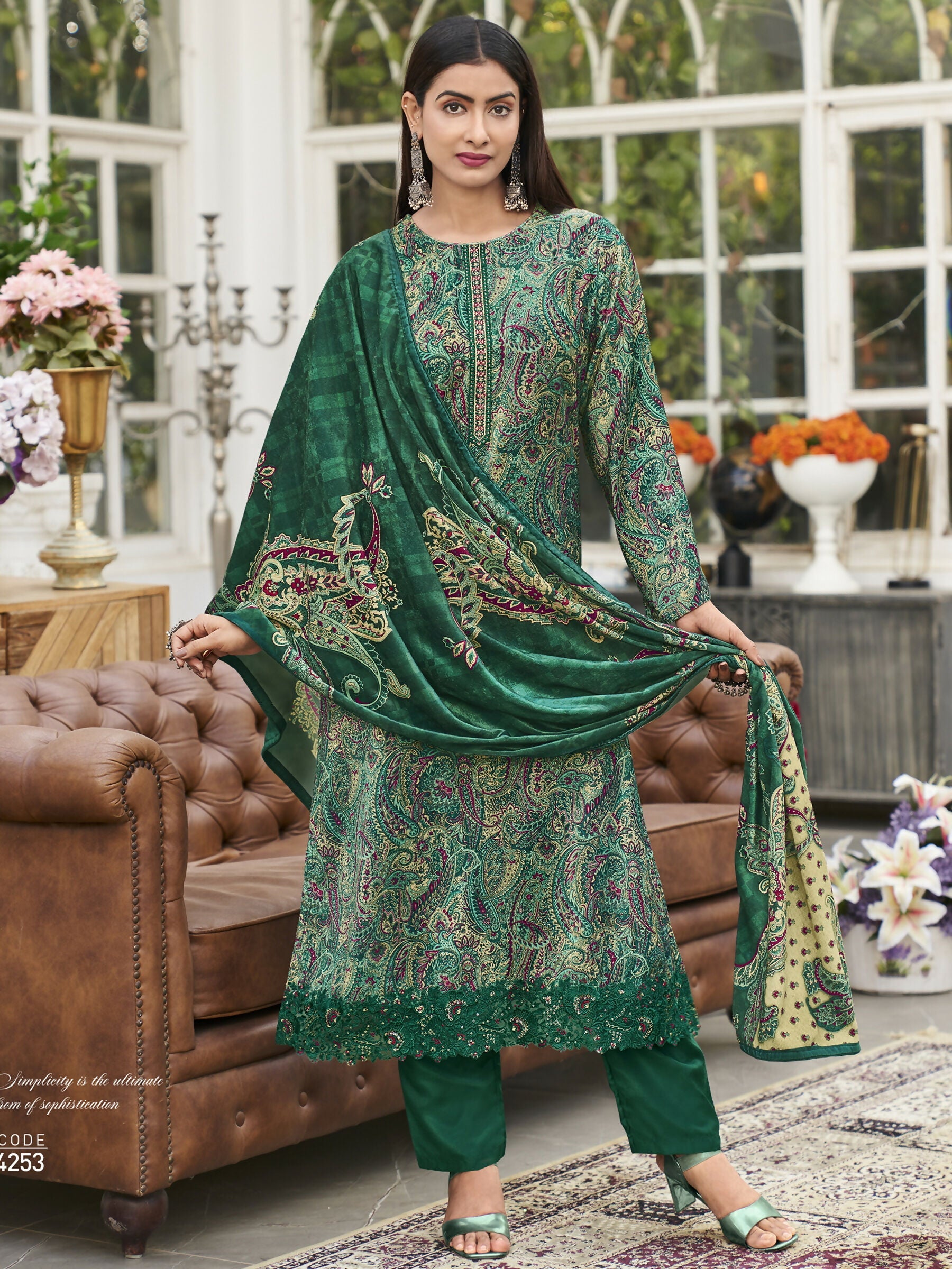 Jyoti Fashion Women's Green Velvet Digital Print with Resham Thread work Kurta with Trouser & Dupatta | Swadesiicart
