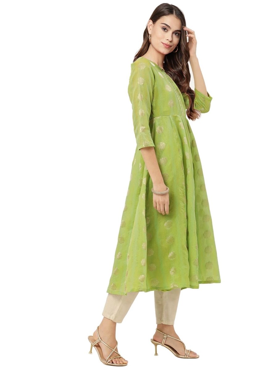 Ahalyaa Women Green Chanderi Jacquard Woven Dress | Swadesiicart