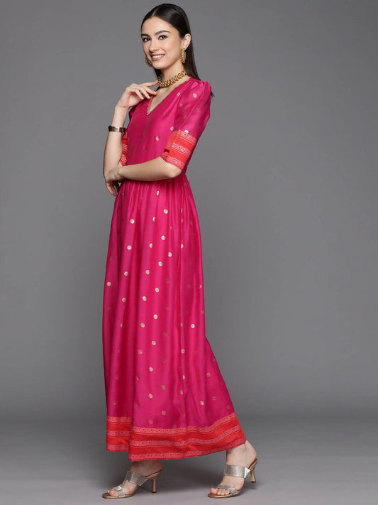 Ahalyaa Women's Pink Chanderi Gold Foil Print Dress | Swadesiicart
