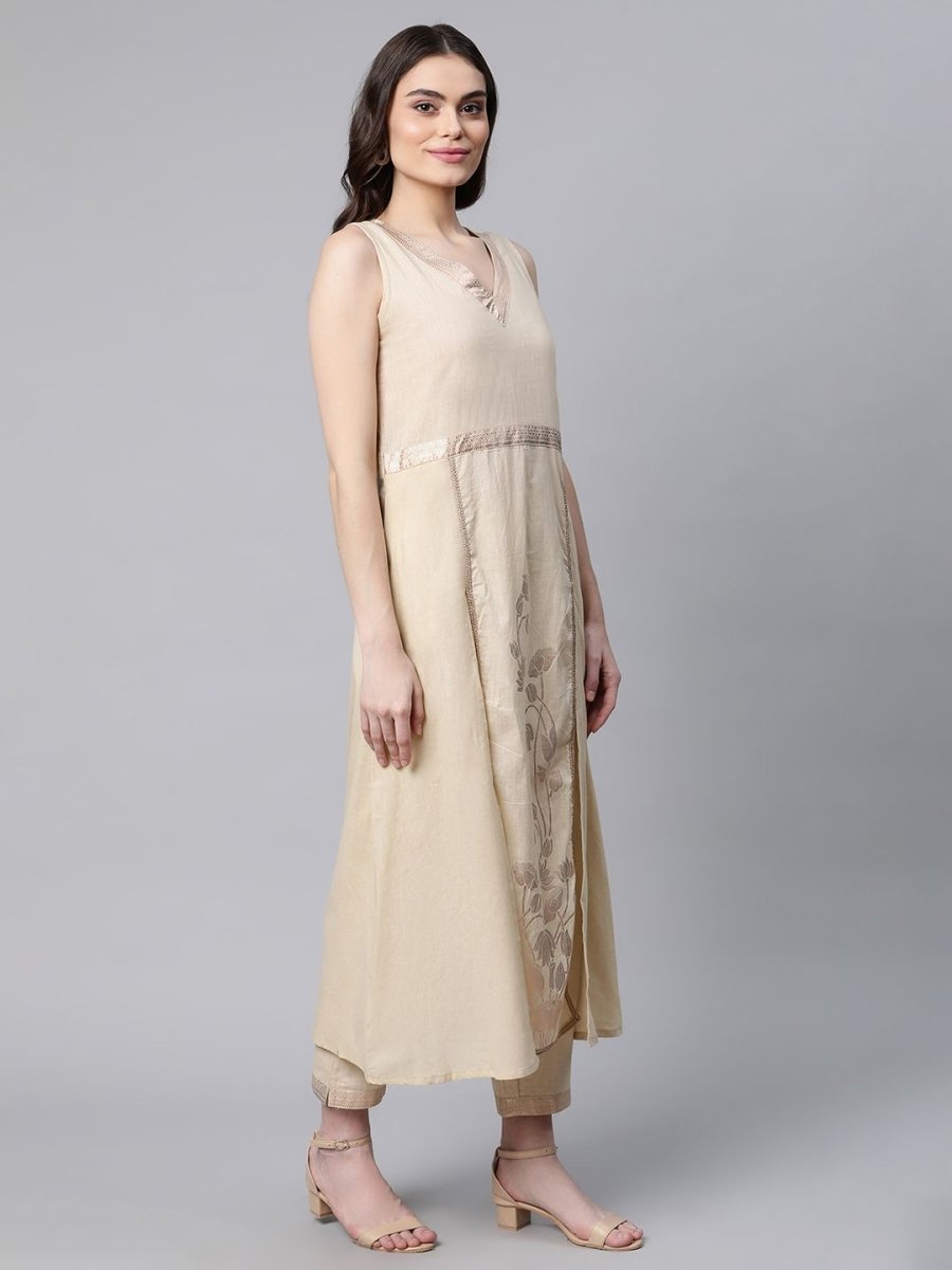 Ahalyaa Women Beige Pure Cotton Printed Floral Kurta With Trousers | Swadesiicart