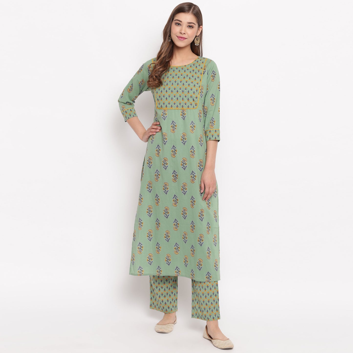 NOZ2TOZ Women's Floral Print Straight Cotton Pista Kurta With Palazzo - Noz2Toz