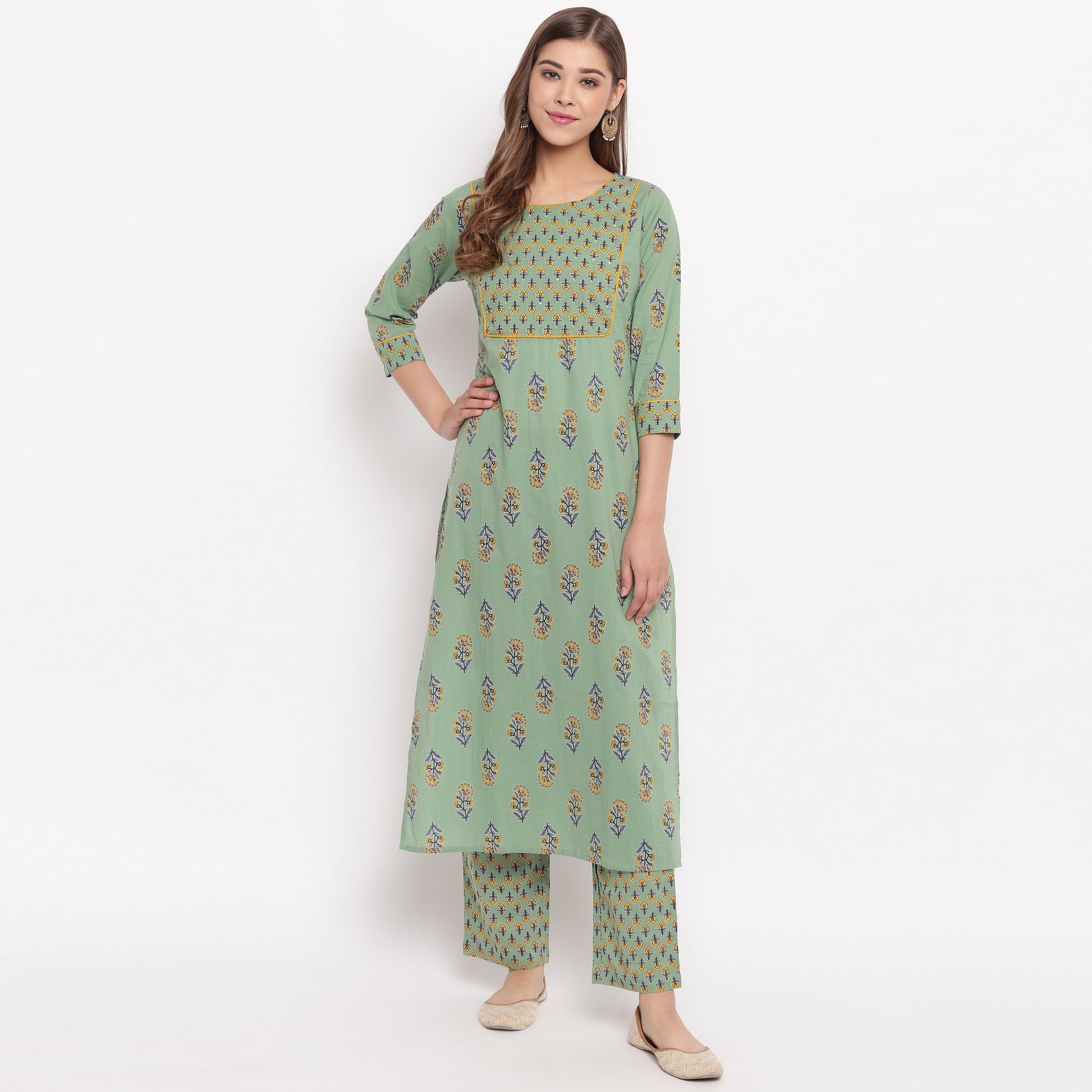 NOZ2TOZ Women's Floral Print Straight Cotton Pista Kurta With Palazzo - Noz2Toz