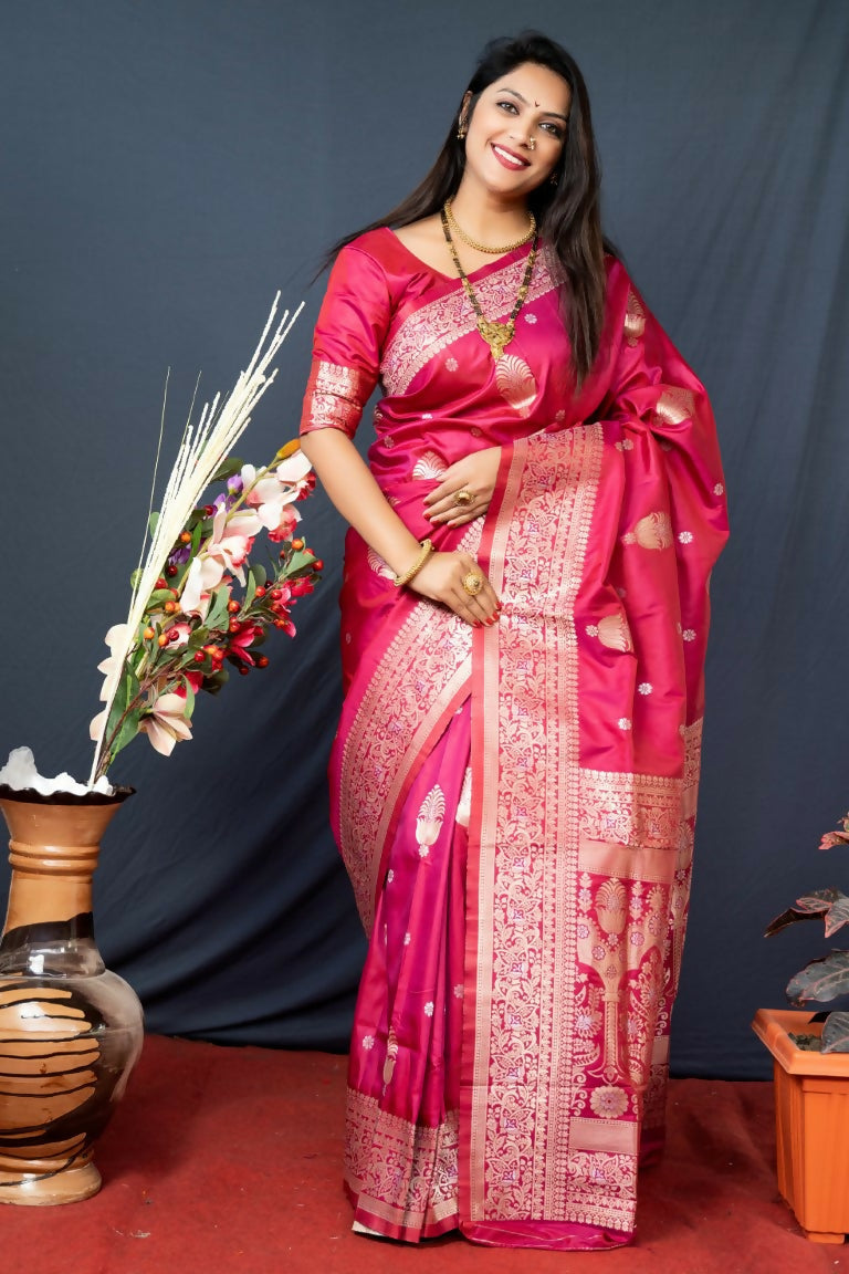 Jyoti Fashion Women's Gajri Red Paithani Silk Zari Woven Saree with Blouse | Swadesiicart