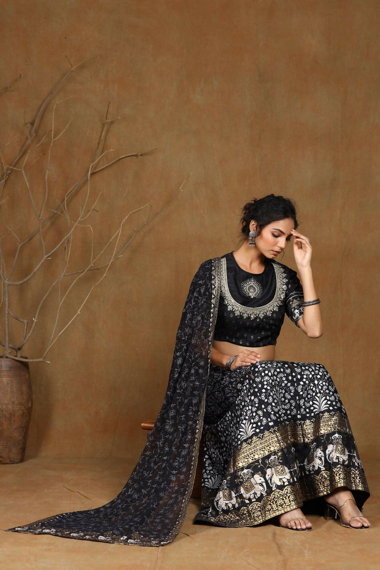 Juniper Women Black Shantoon Embroidered Flared Lehenga Choli Sets | Swadesiicart