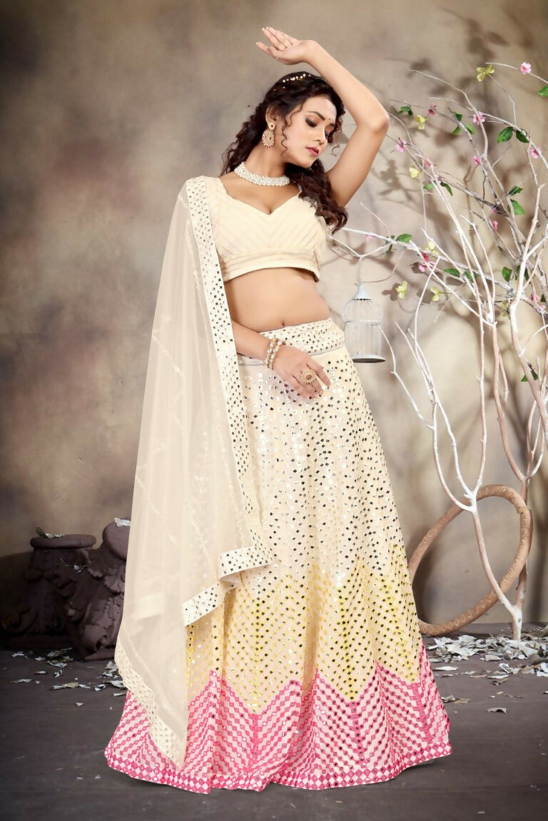 Jyoti Fashion Butter Cream Sequence with Thread Zari Embroidery Georgette Lehenga Choli with Dupatta | Swadesiicart