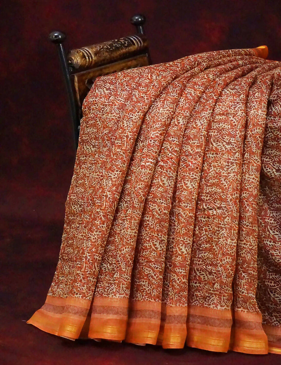 Orange and Rust Printed Semi Chanderi Saree By Gayathri Reddy Designer Studio | Swadesiicart