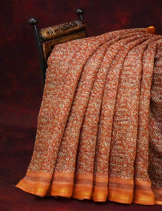 Orange and Rust Printed Semi Chanderi Saree By Gayathri Reddy Designer Studio | Swadesiicart