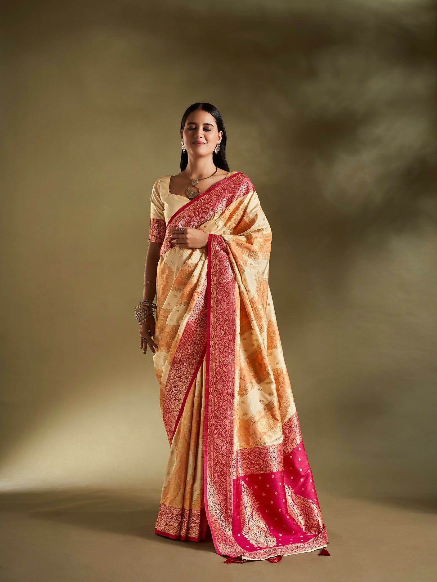Joban Fashion Cream & Orange Plain With Weaving Border Banarasi Silk Sarees | Swadesiicart