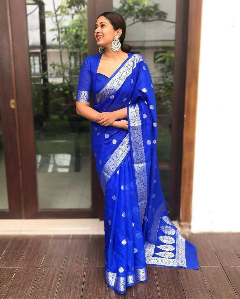 DEIANA'S Beautiful Designer Golden zari Soft Lichi Silk Saree - Royal Blue - Swadesiicart