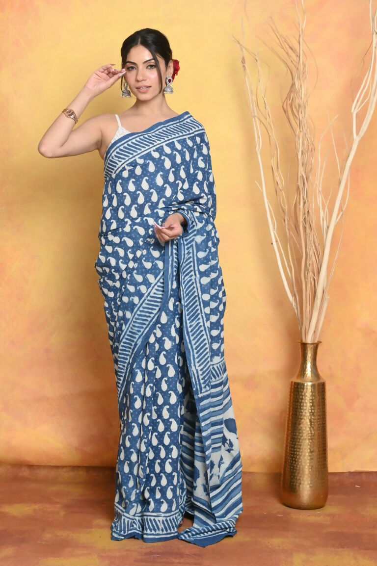 Very Much Indian Handblock Printed Cotton Saree With Natural Dyes - Blue | Swadesiicart