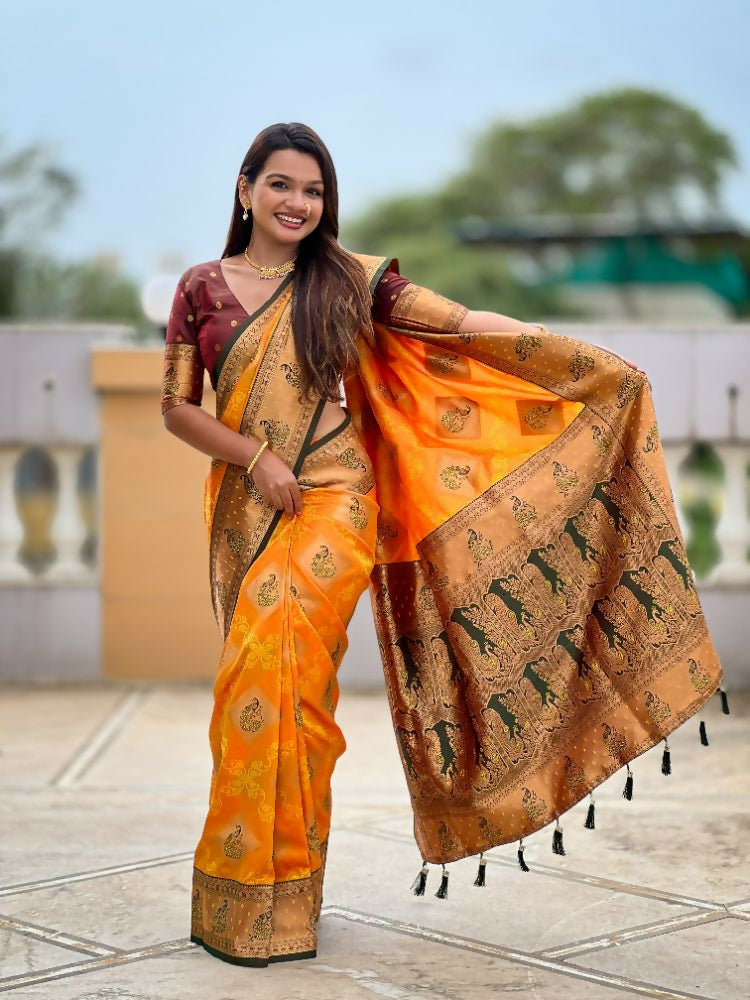 PR Fashion Mustard Orange Soft Banarasi Silk With Zari Weaving Meenakari Design Saree | Swadesiicart
