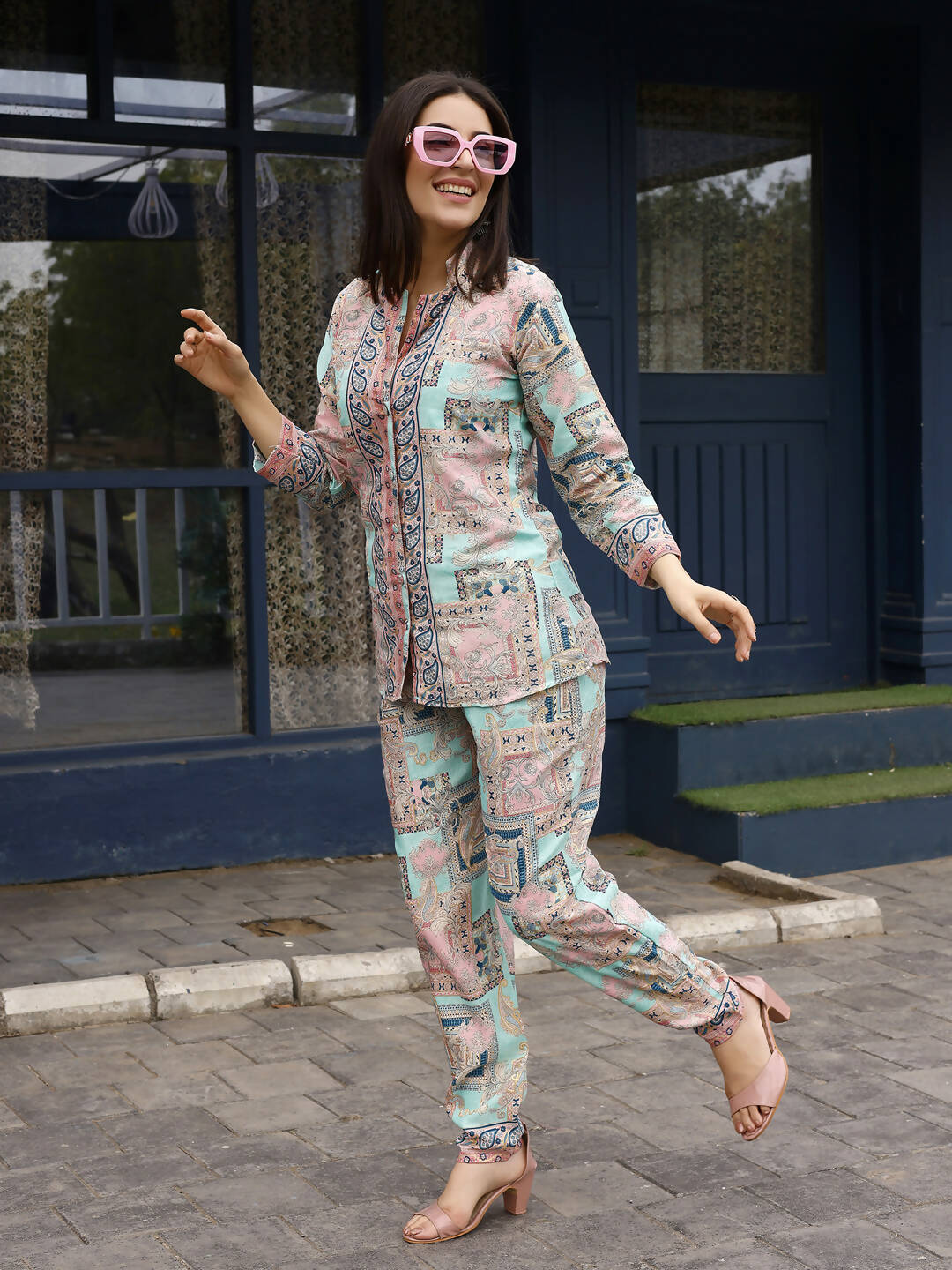Pink & Blue Rayon Paisley Printed Top with Matching Bottom - Eesha - Swadesiicart