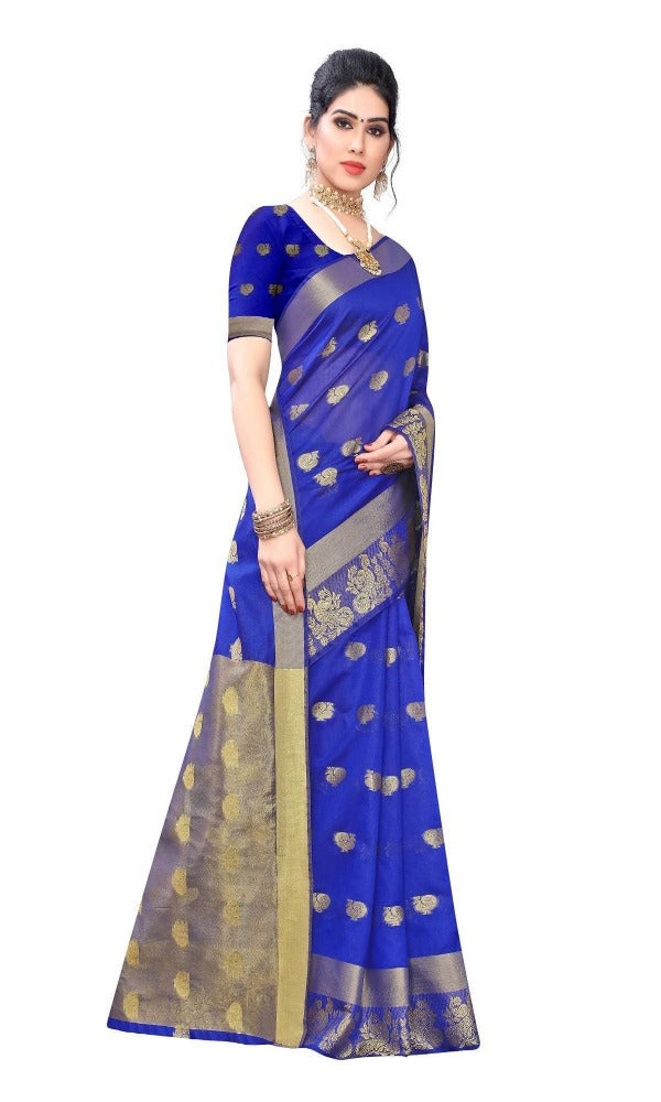 Vamika Banarasi Jacquard Weaving Blue With Gold Print Saree | Swadesiicart