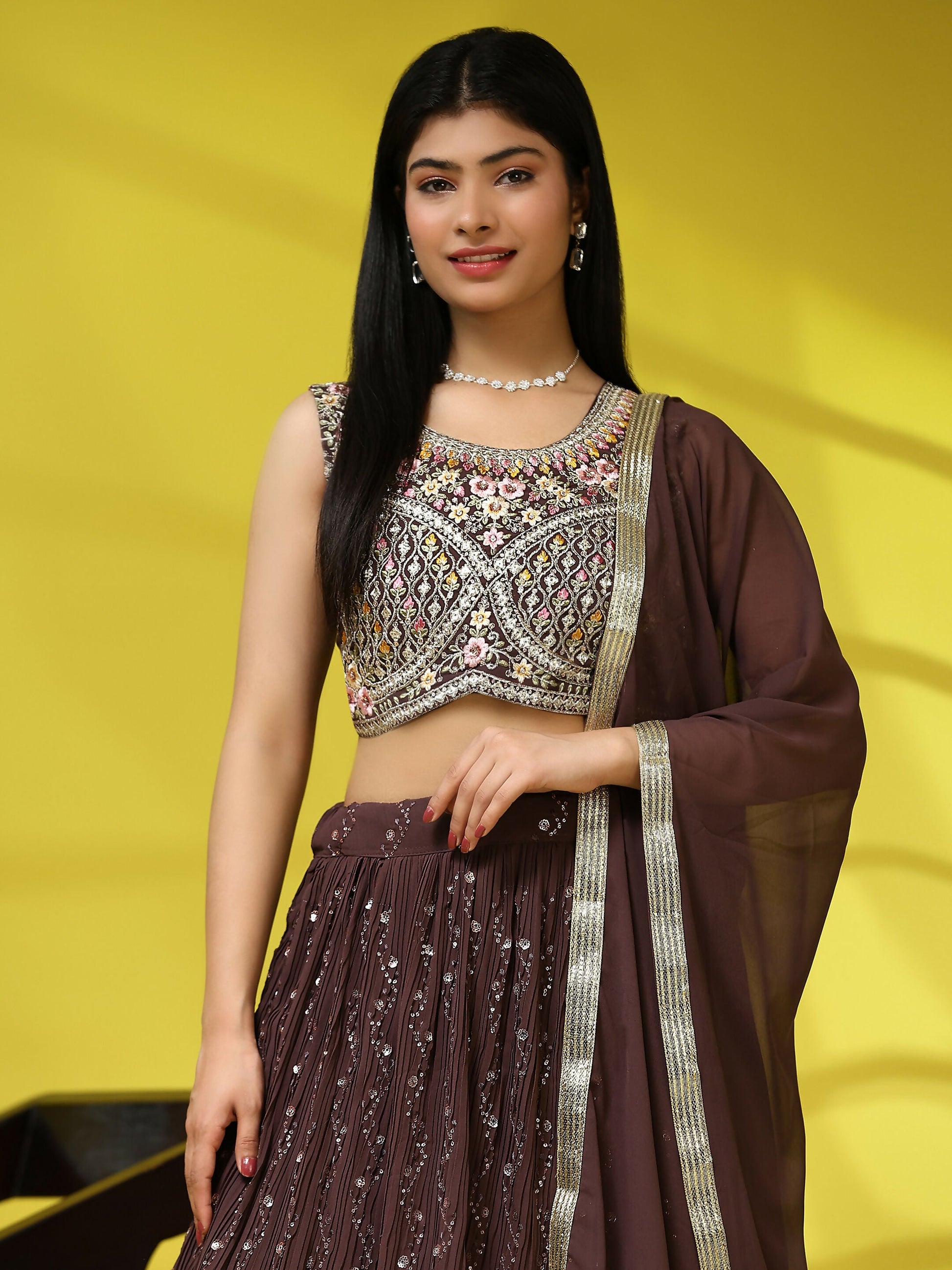 Brown Georgette Embroidered Lehenga choli with Dupatta - Dhara | Swadesiicart