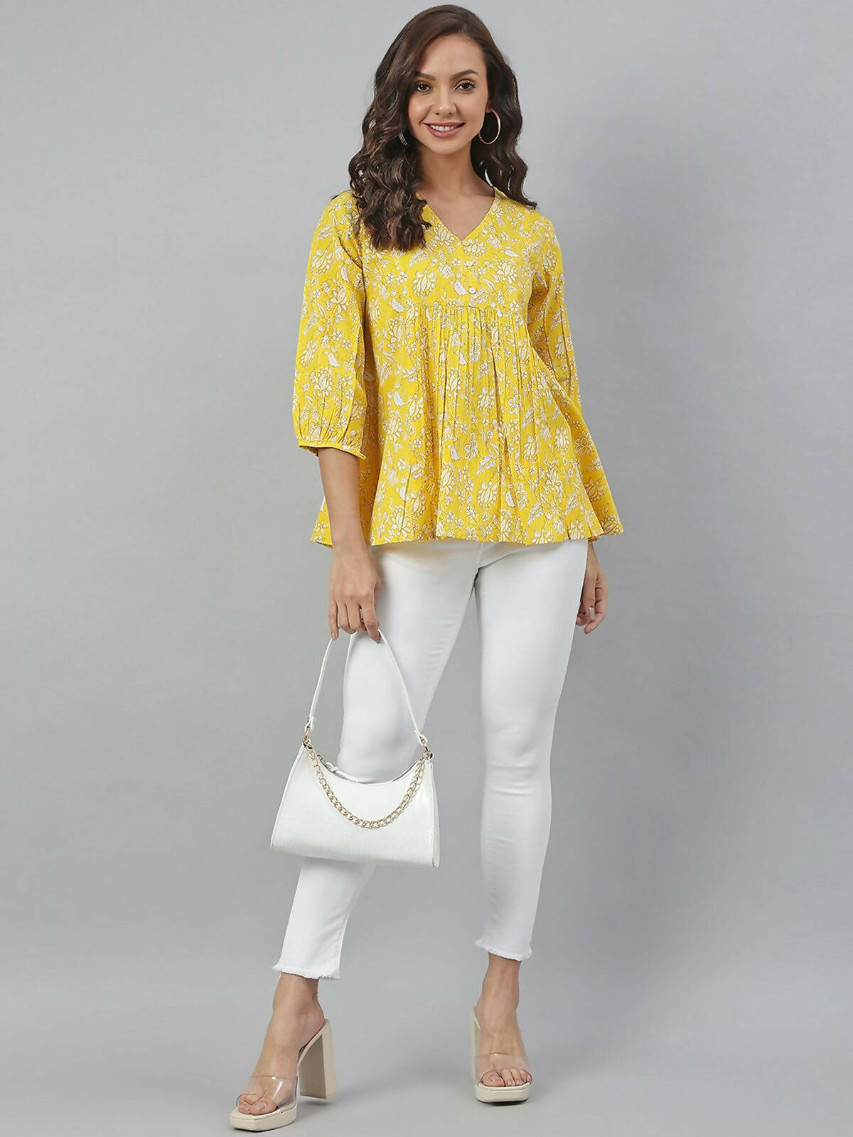 Janasya Women's Yellow Cotton Floral Print Flared Top | Swadesiicart