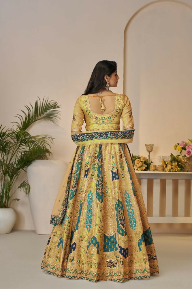 Kesar Fab Yellow Banarasi Silk Embroidered Lehenga | Swadesiicart