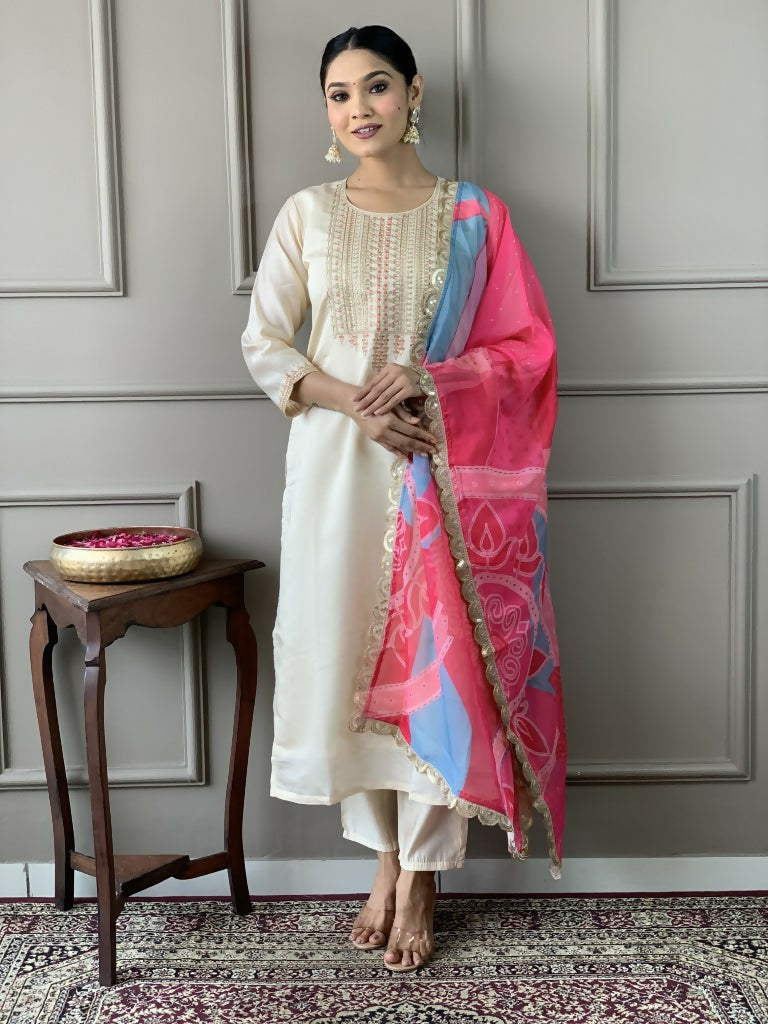 White Viscose Chanderi Stitched Suit With Dupatta - Tanisha | Swadesiicart