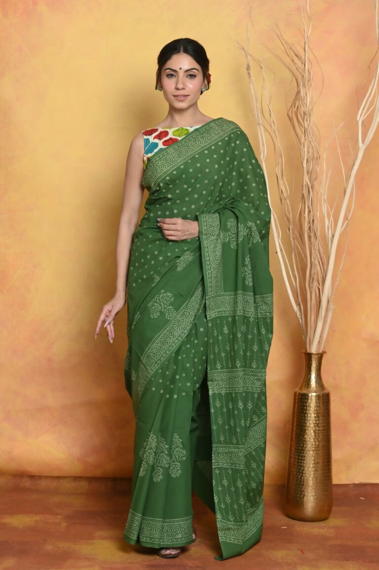 Very Much Indian Handblock Printed Cotton Saree With Natural Dyes - Green | Swadesiicart