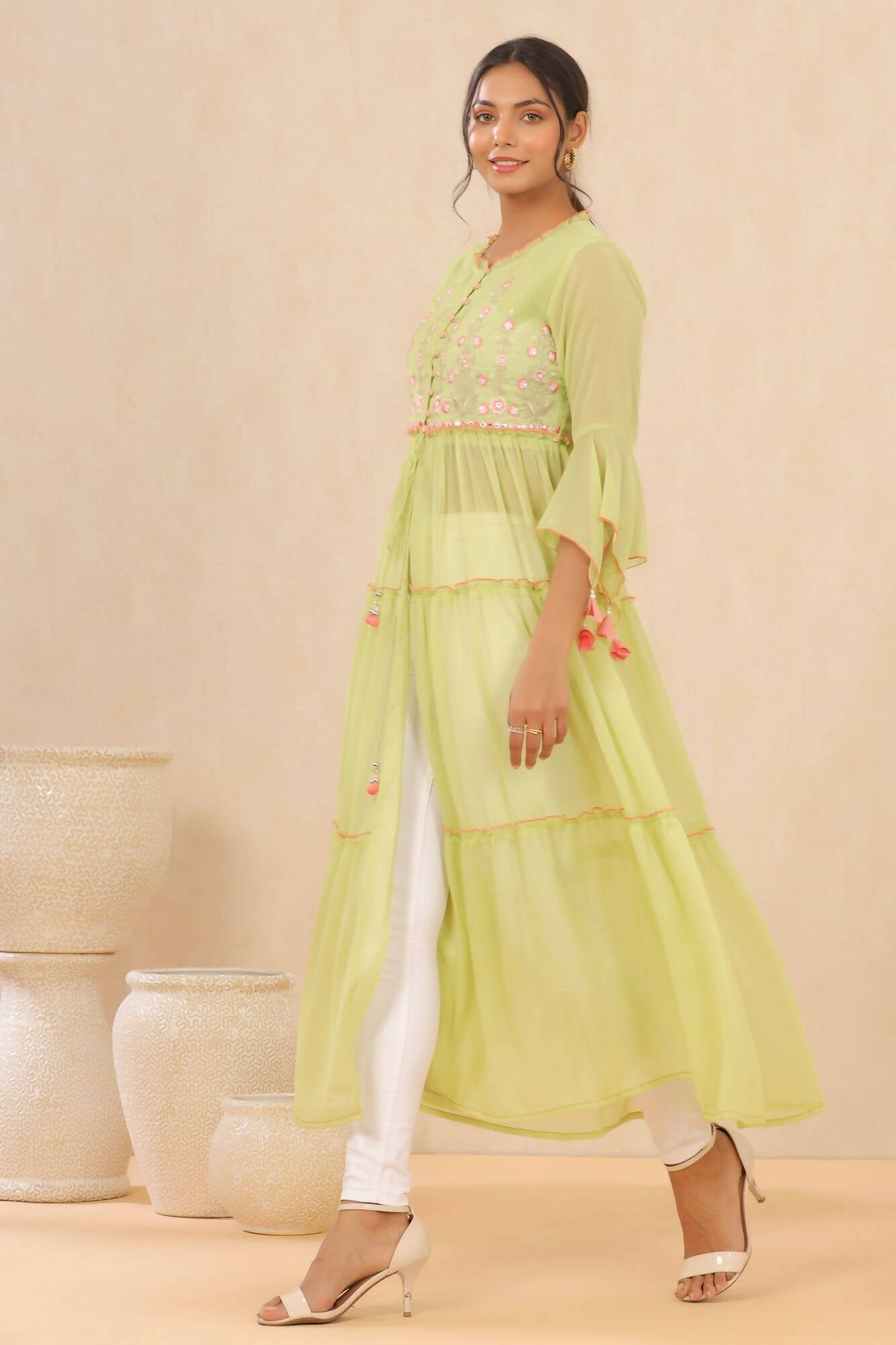 Juniper Women Green Chiffon Embroidered Tiered Kurta | Swadesiicart