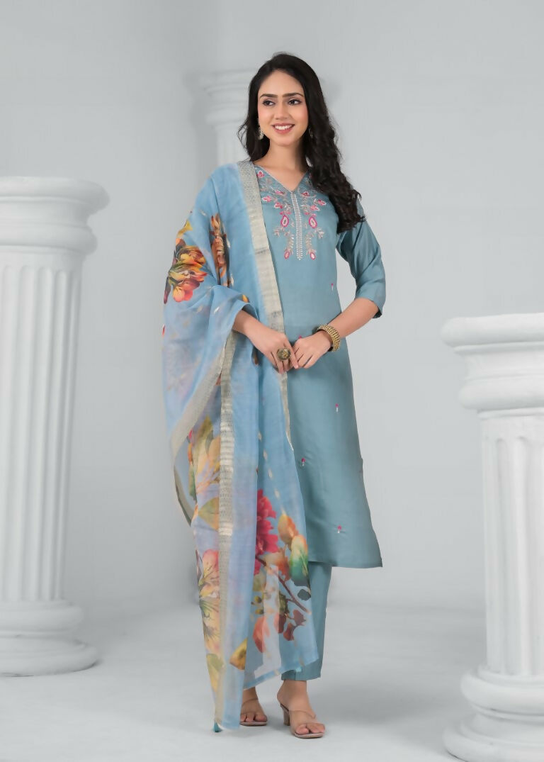 Ethnic Festive Wear Chanderi Viscose Sky Stitched Suit With Dupatta - Tanisha | Swadesiicart