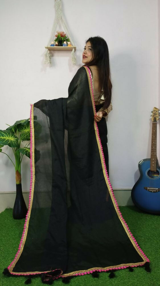 Exclusive Collection Beautiful Khadi Cotton Handloom Saree With Beautiful Zari Border - Black - Swadesiicart