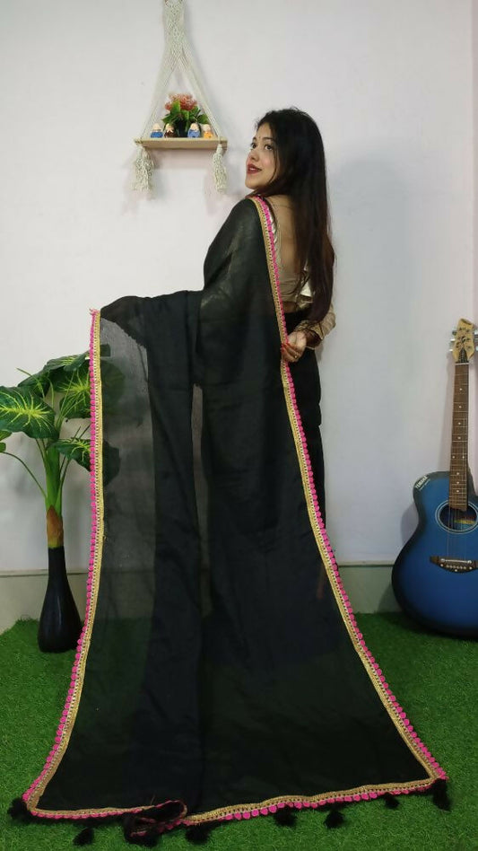 Exclusive Collection Beautiful Khadi Cotton Handloom Saree With Beautiful Zari Border - Black - Swadesiicart